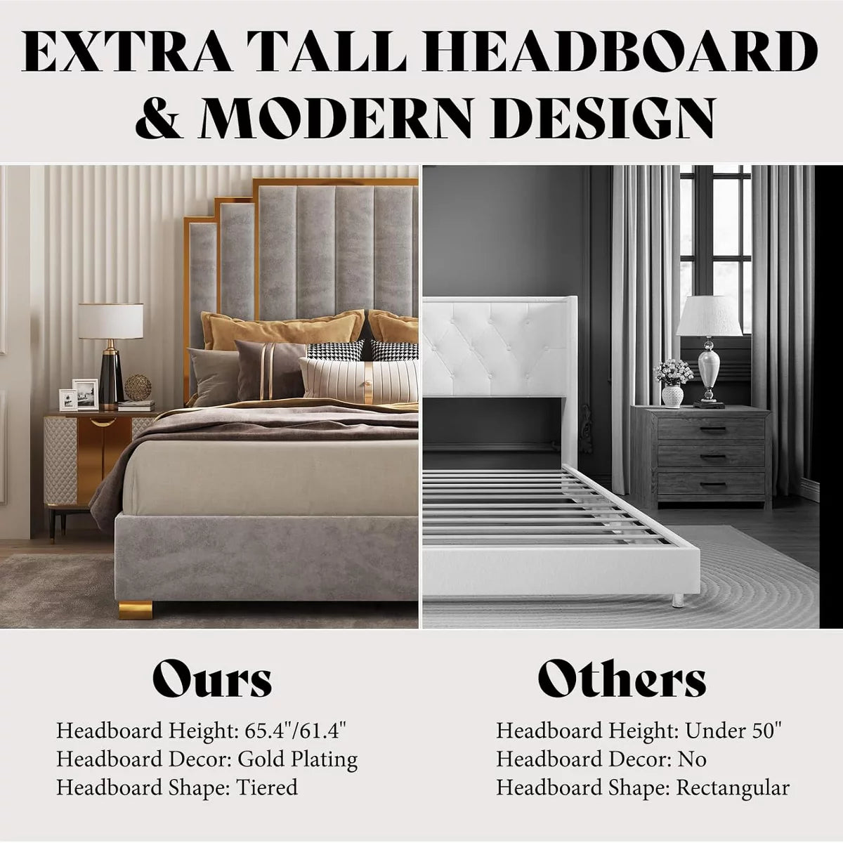 ARTYFER Upholstered Bed, Modern Velvet Bed Frame with 61.4" Tall Gold Trim Headboard