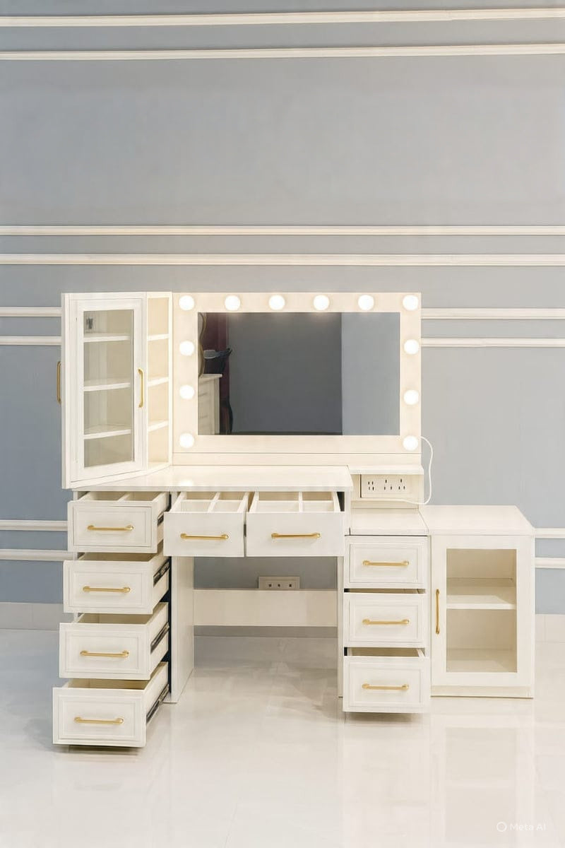Luxury LED Mirror Dressing Table with Storage Drawers & Cabinet