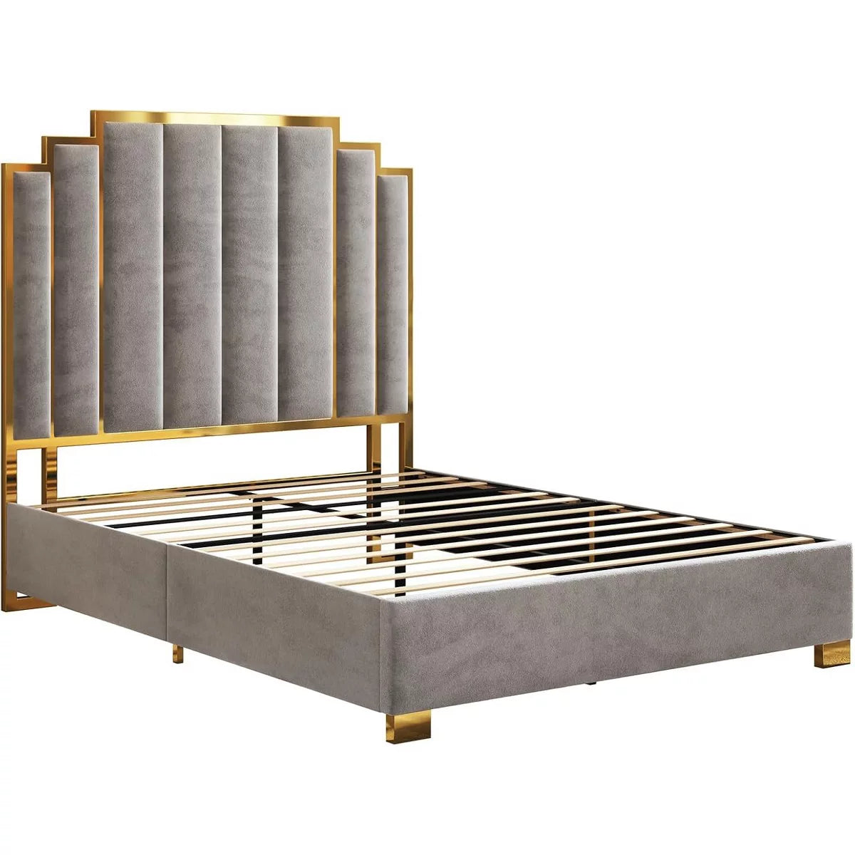 ARTYFER Upholstered Bed, Modern Velvet Bed Frame with 61.4" Tall Gold Trim Headboard