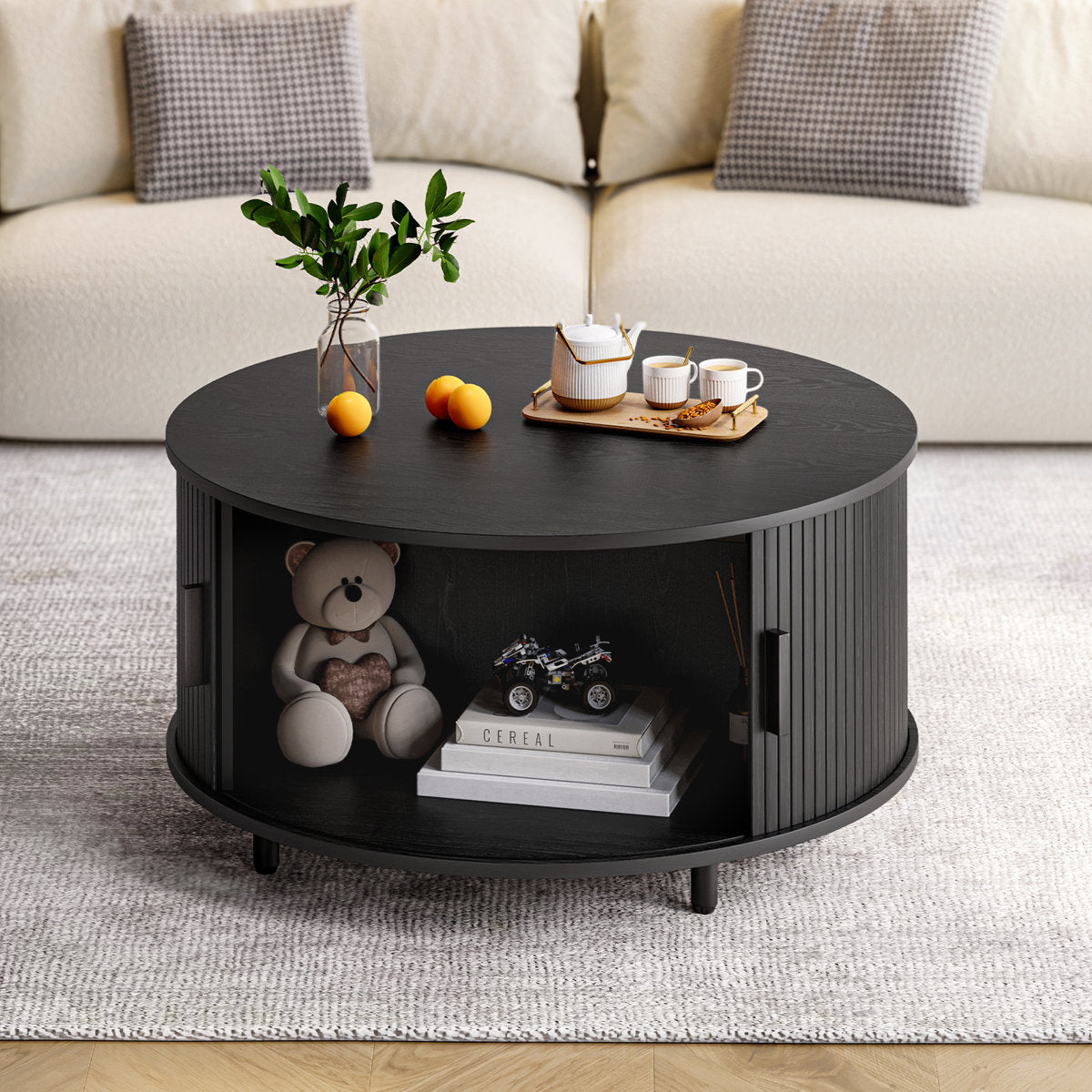 Modern Round Coffee Table With 360° Curved Sliding Door.