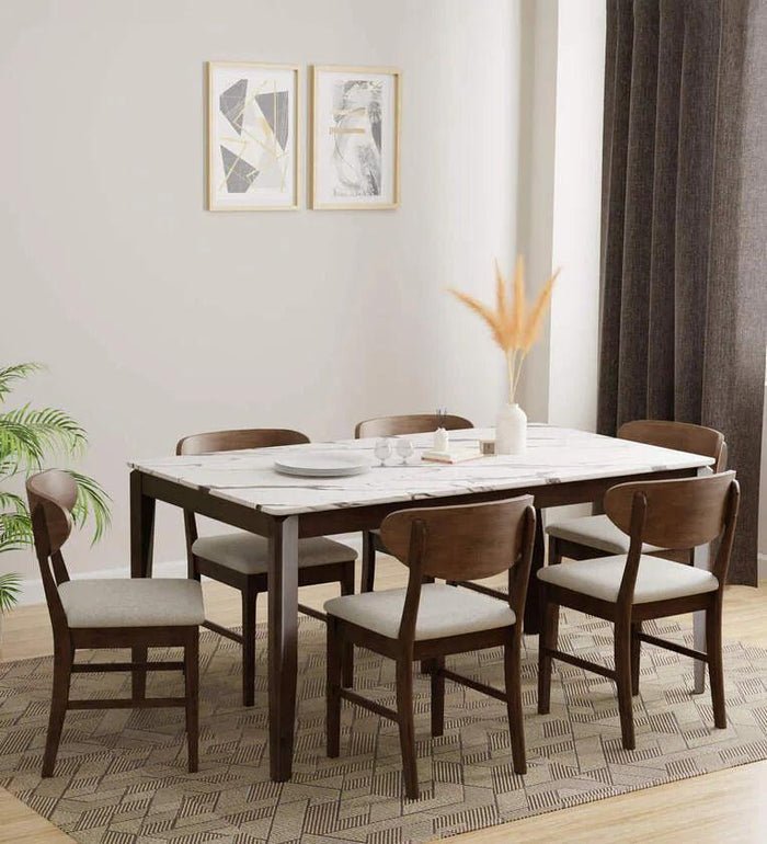 Artyfer Solid Wood 6 Seater Dining Set In Marble Finish