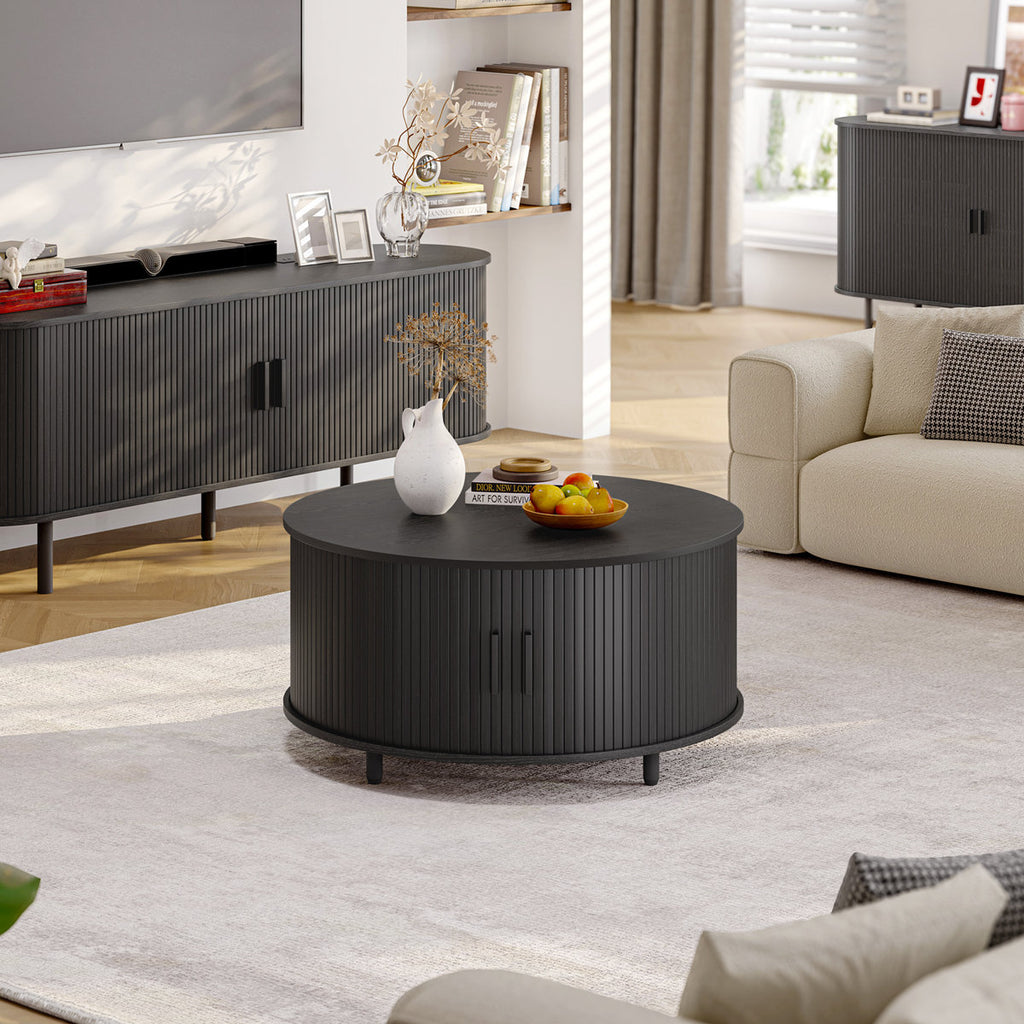 Modern Round Coffee Table With 360° Curved Sliding Door.
