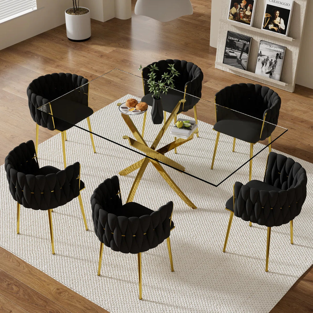 Artyfer Dining Set with Oval Table & Rattan Back Velvet Chairs