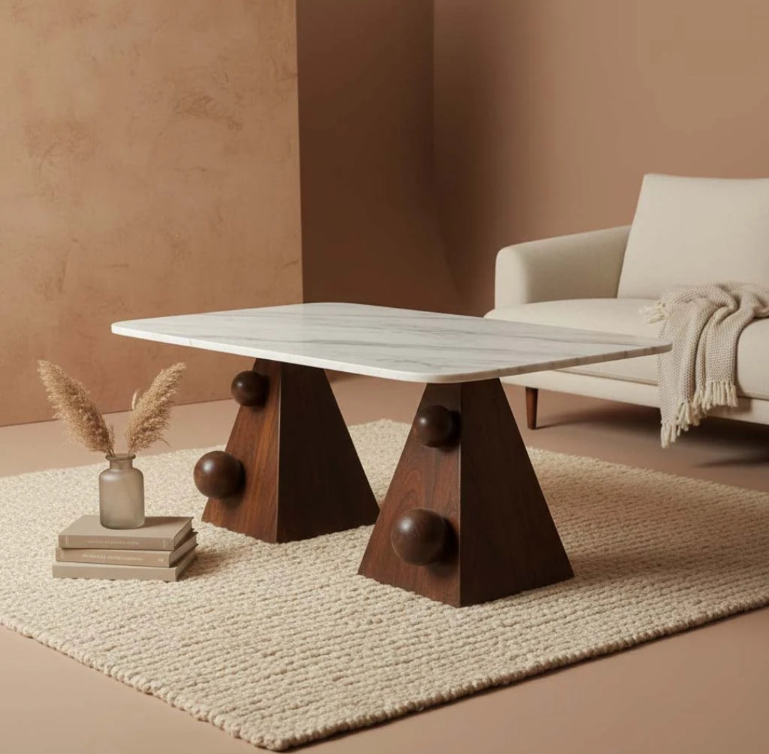 Handcrafted Marble Coffee Table With Sculpted Pyramid Wood Legs