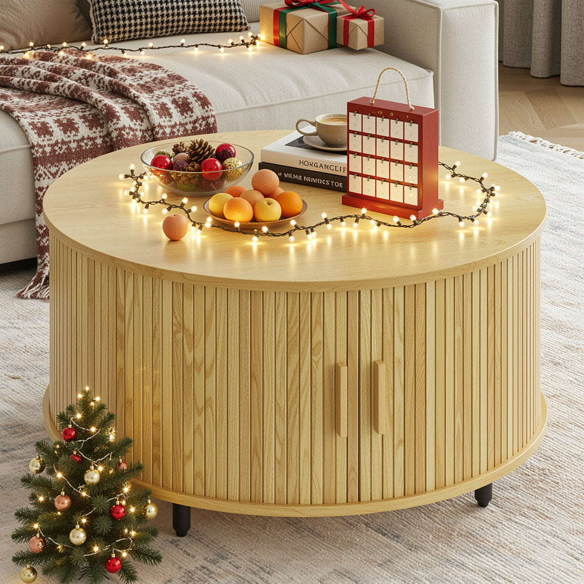 Modern Round Coffee Table With 360° Curved Sliding Door.