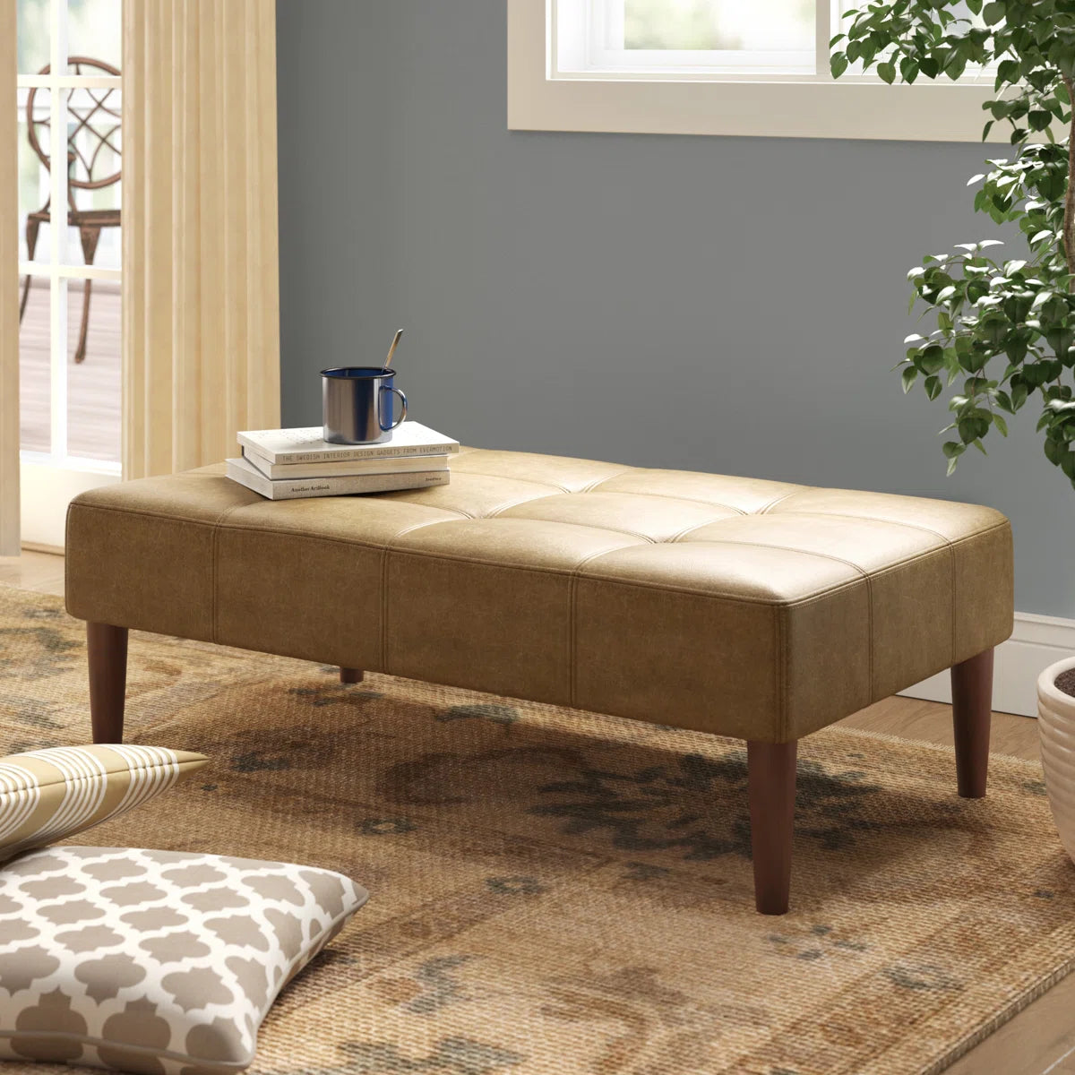 Coffee Table Ottoman Bench - Light Brown Faux Leather