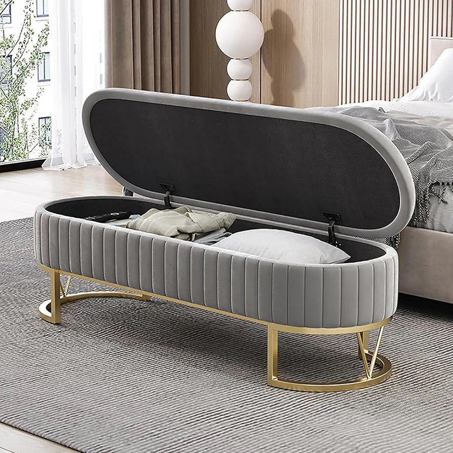 Velvet Storage Bench With Gold Base