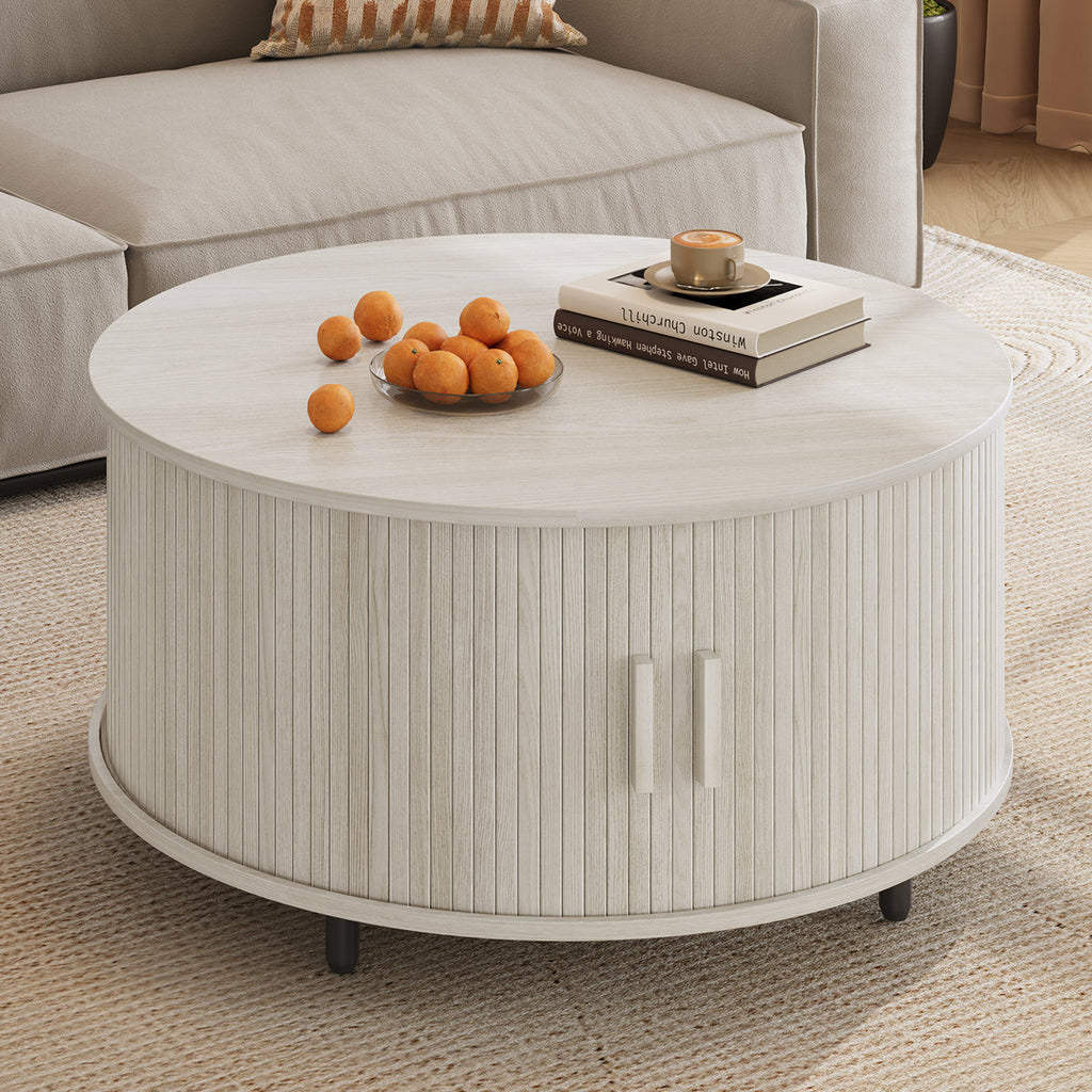 Modern Round Coffee Table With 360° Curved Sliding Door.