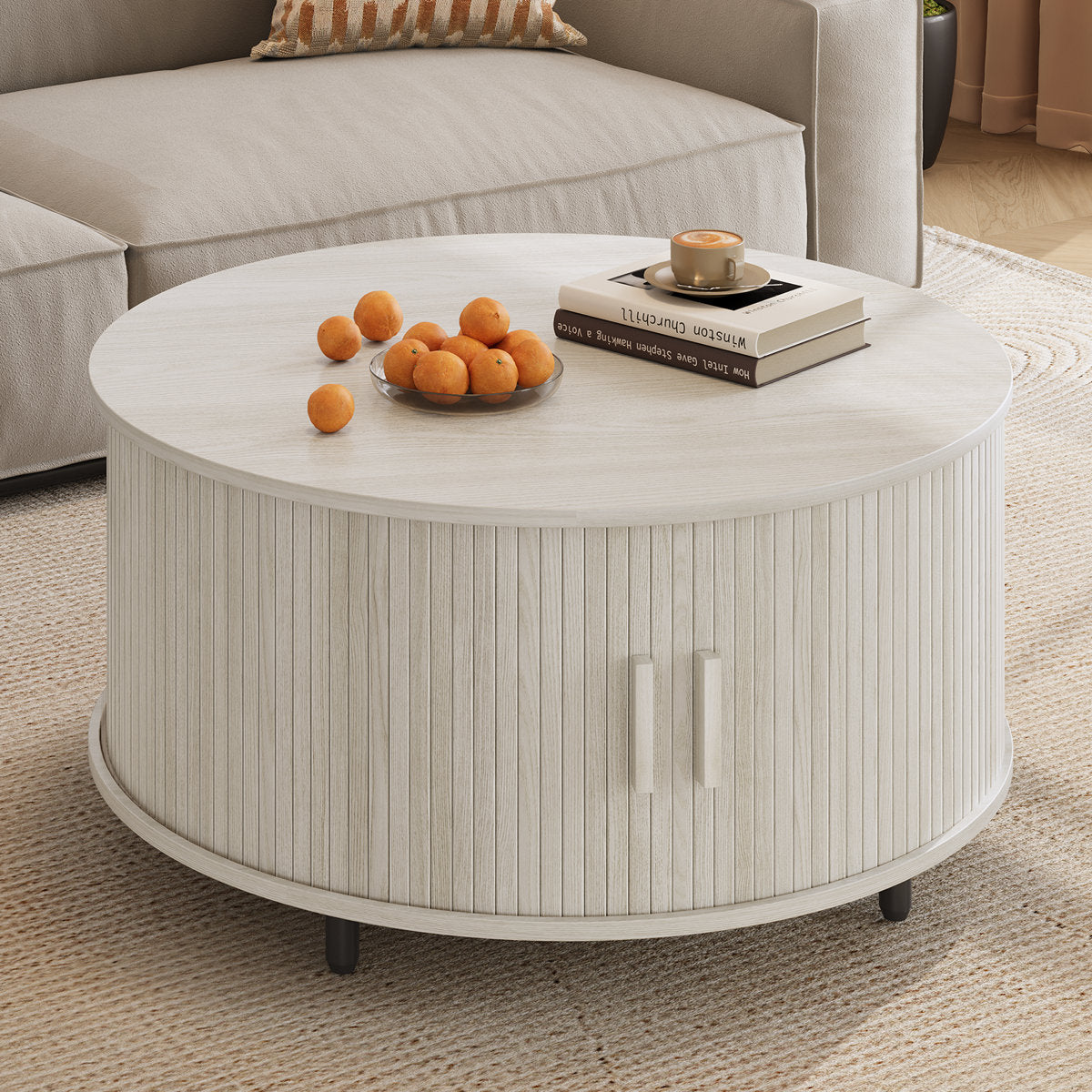 Modern Round Coffee Table With 360° Curved Sliding Door.
