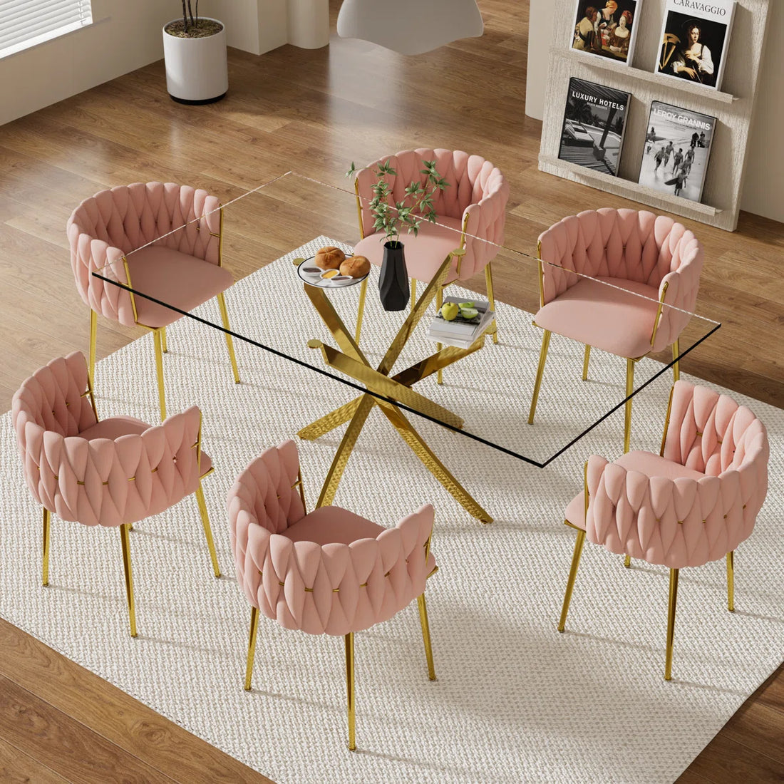 Artyfer Dining Set with Oval Table & Rattan Back Velvet Chairs