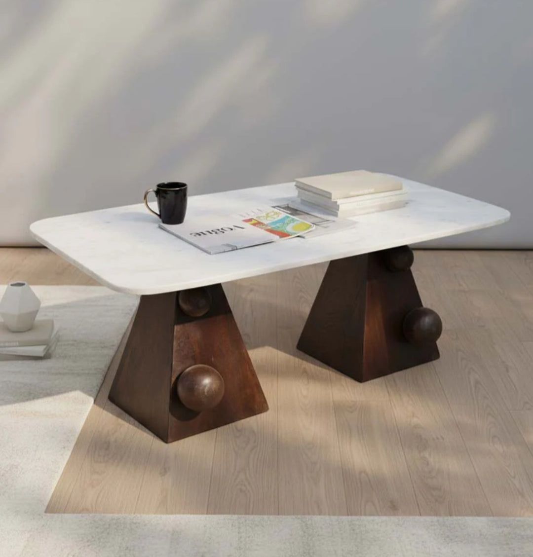 Handcrafted Marble Coffee Table With Sculpted Pyramid Wood Legs