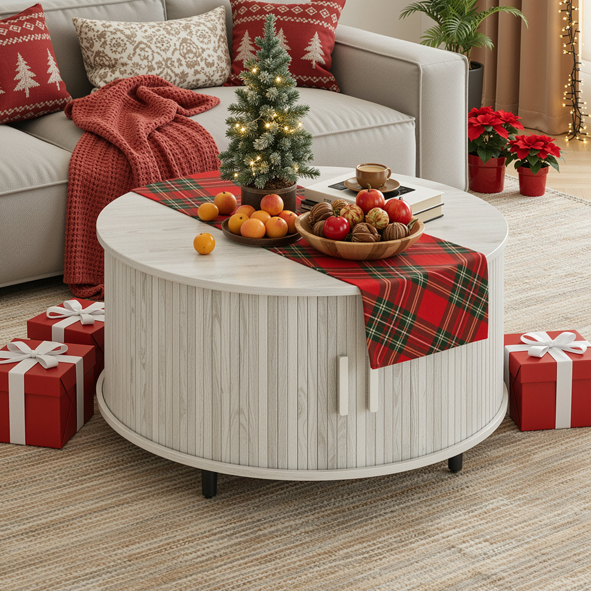 Modern Round Coffee Table With 360° Curved Sliding Door.