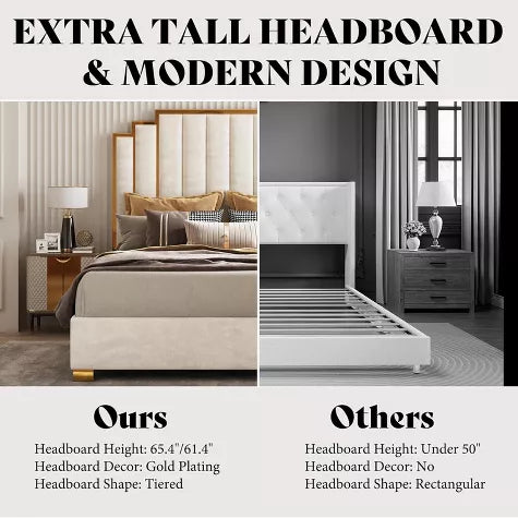 ARTYFER Upholstered Bed, Modern Velvet Bed Frame with 61.4" Tall Gold Trim Headboard