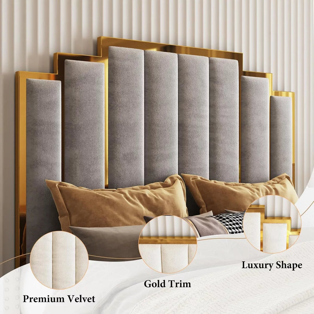 ARTYFER Upholstered Bed, Modern Velvet Bed Frame with 61.4" Tall Gold Trim Headboard