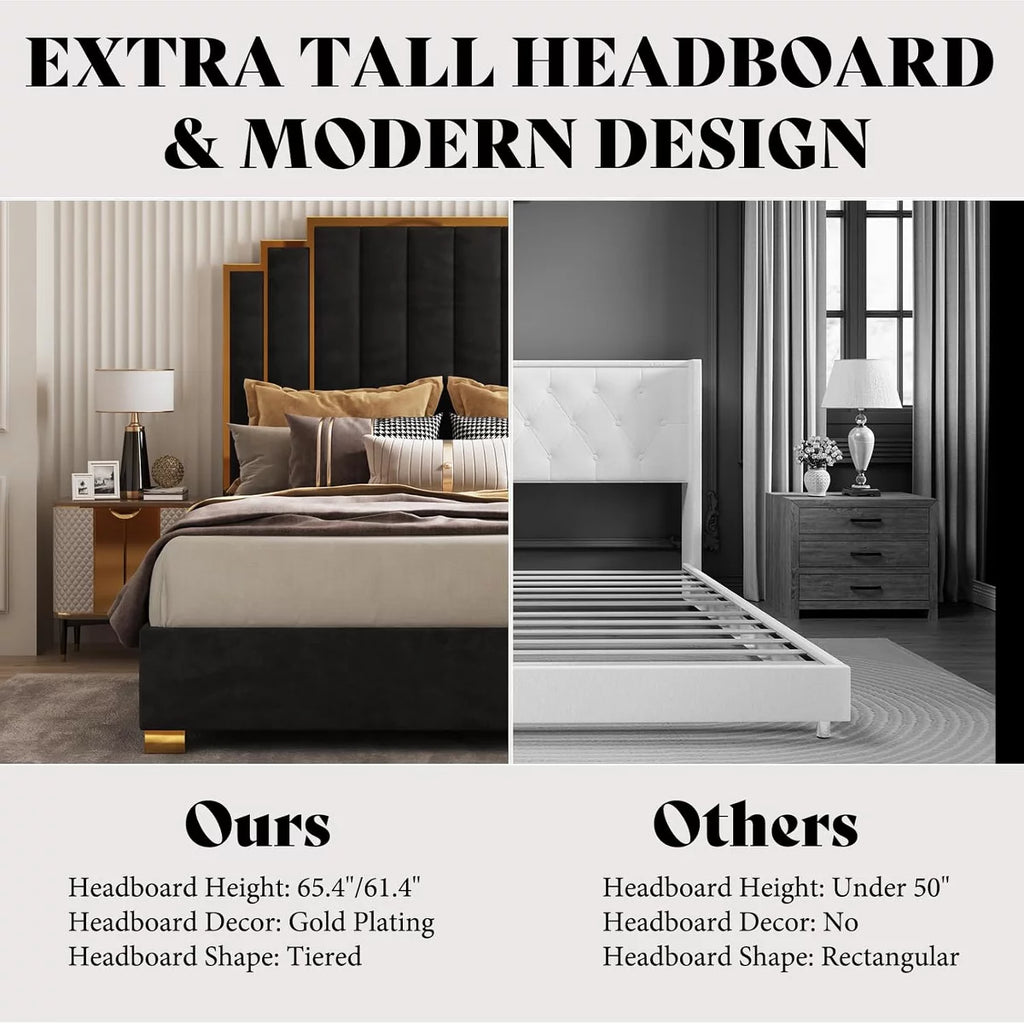 ARTYFER Upholstered Bed, Modern Velvet Bed Frame with 61.4" Tall Gold Trim Headboard