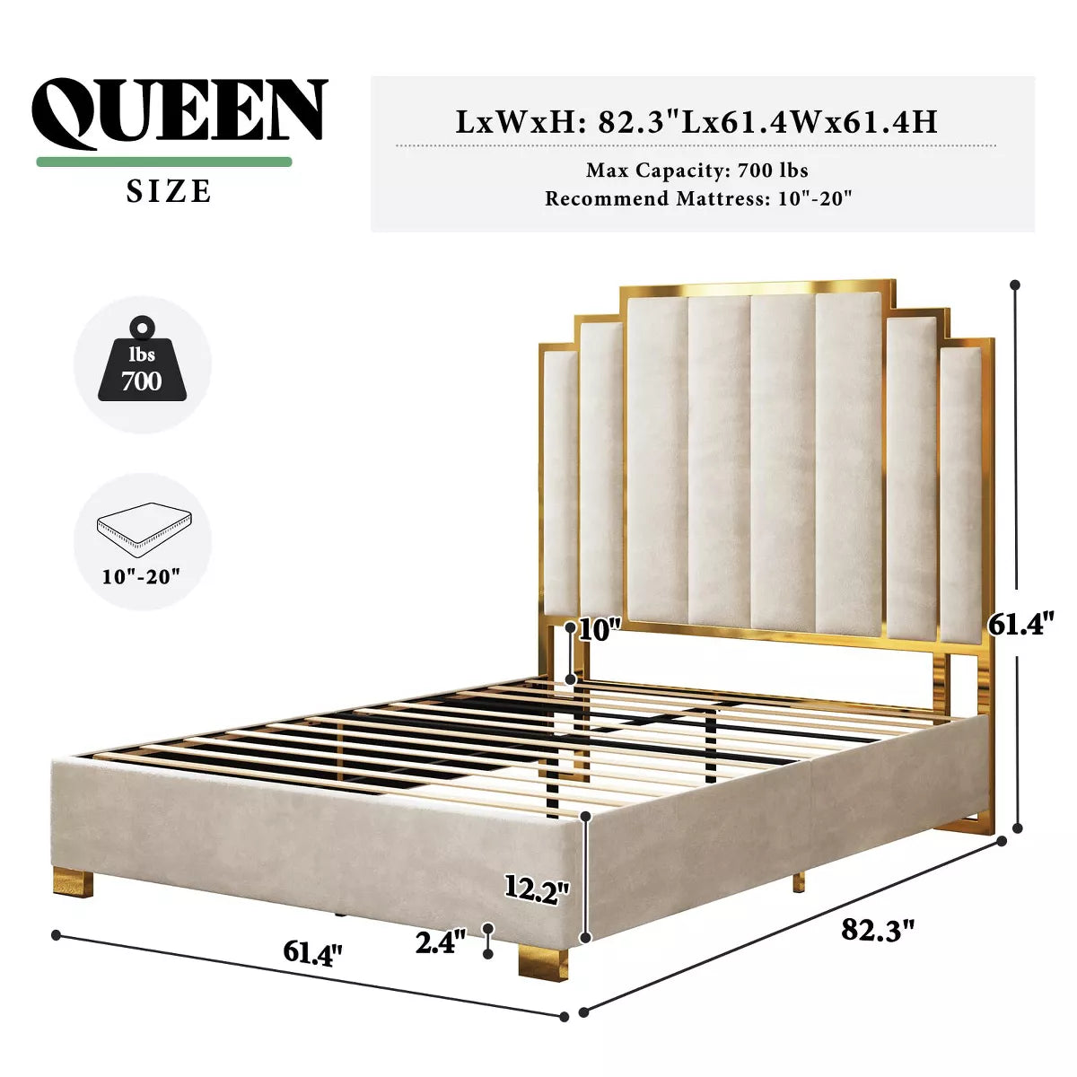 ARTYFER Upholstered Bed, Modern Velvet Bed Frame with 61.4" Tall Gold Trim Headboard