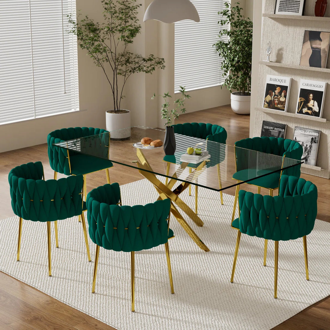 Artyfer Dining Set with Oval Table & Rattan Back Velvet Chairs