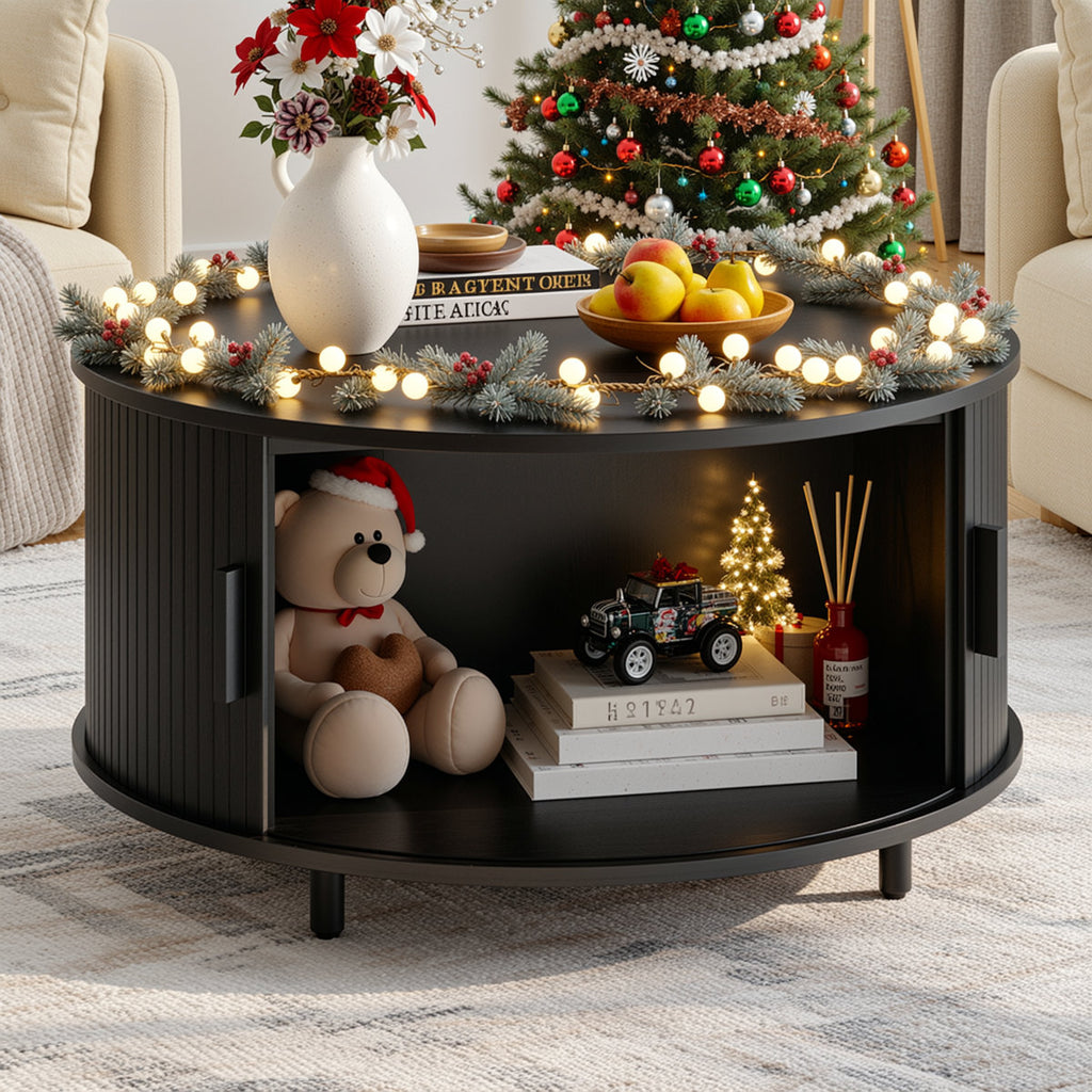 Modern Round Coffee Table With 360° Curved Sliding Door.