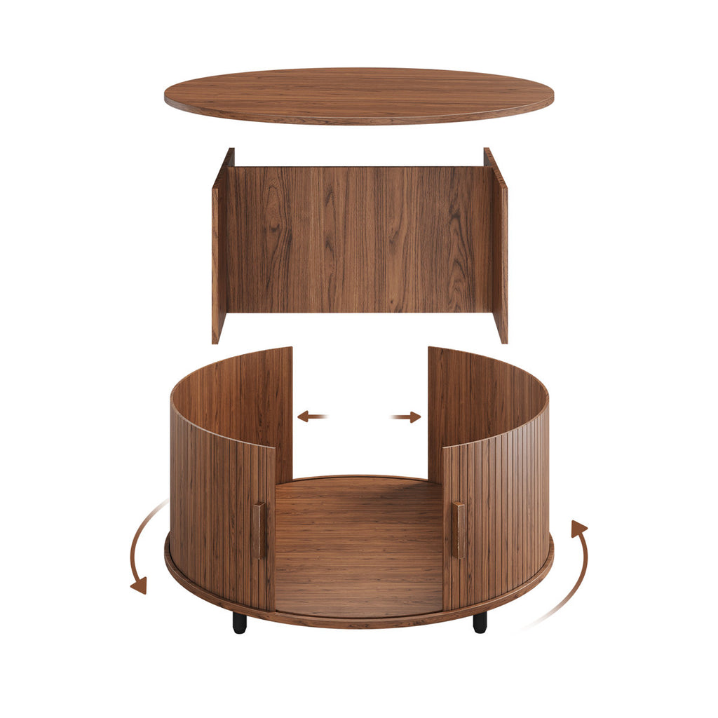 Modern Round Coffee Table With 360° Curved Sliding Door.