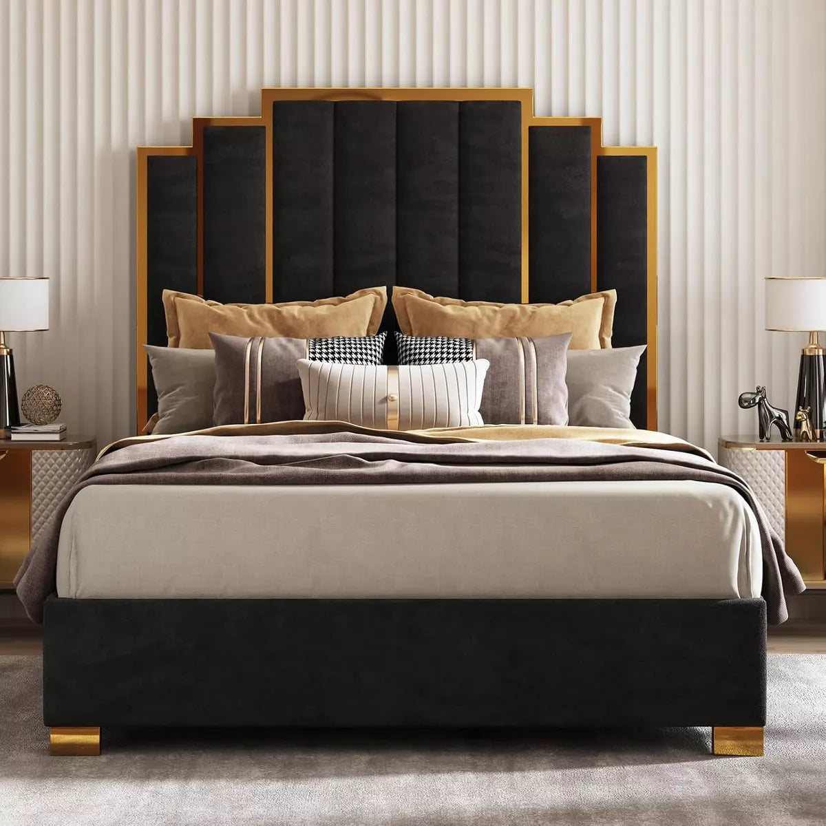 ARTYFER Upholstered Bed, Modern Velvet Bed Frame with 61.4" Tall Gold Trim Headboard