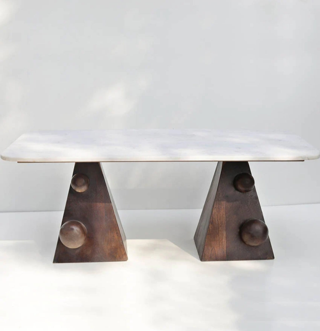 Handcrafted Marble Coffee Table With Sculpted Pyramid Wood Legs