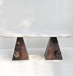 Handcrafted Marble Coffee Table With Sculpted Pyramid Wood Legs
