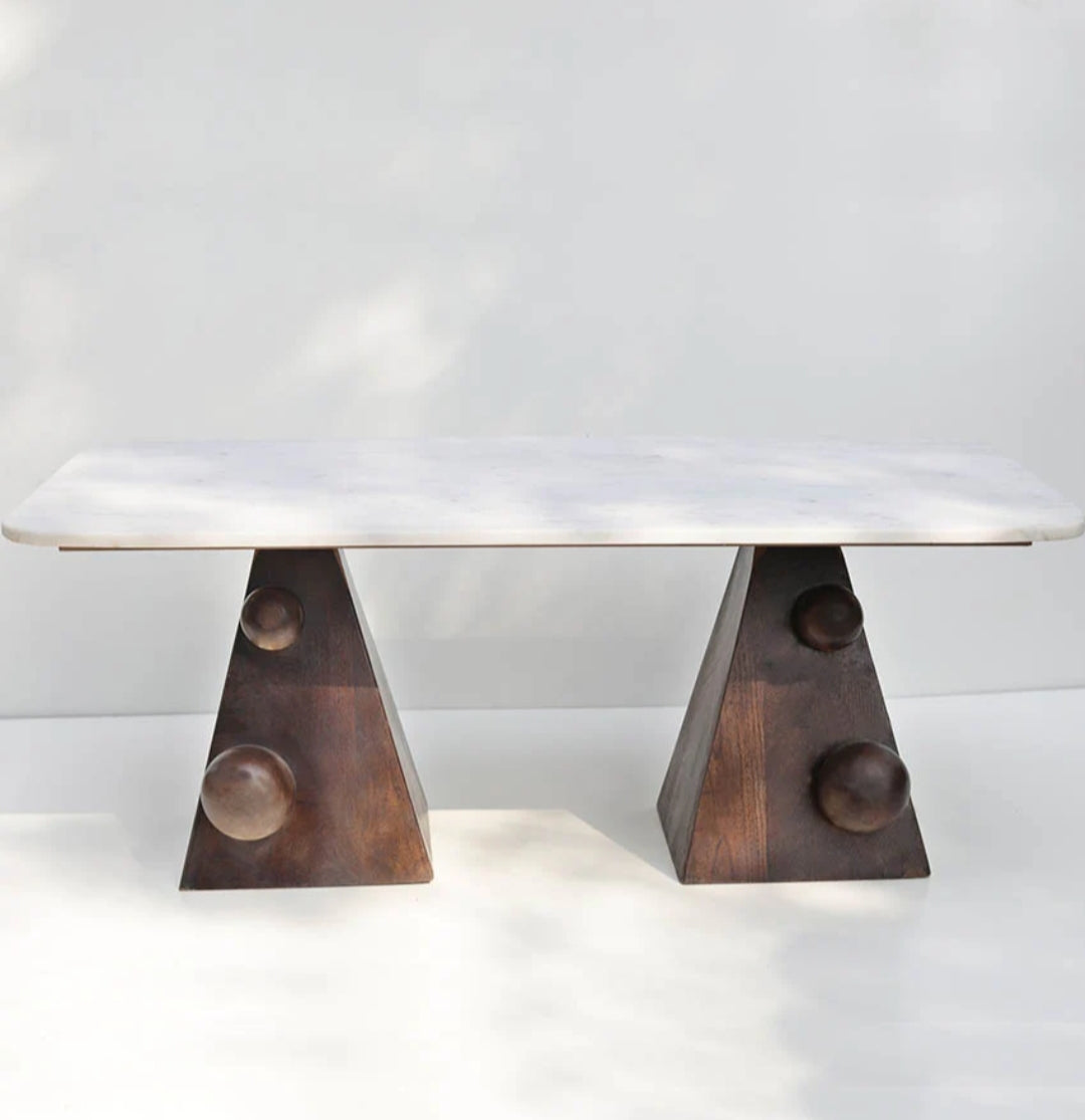 Handcrafted Marble Coffee Table With Sculpted Pyramid Wood Legs