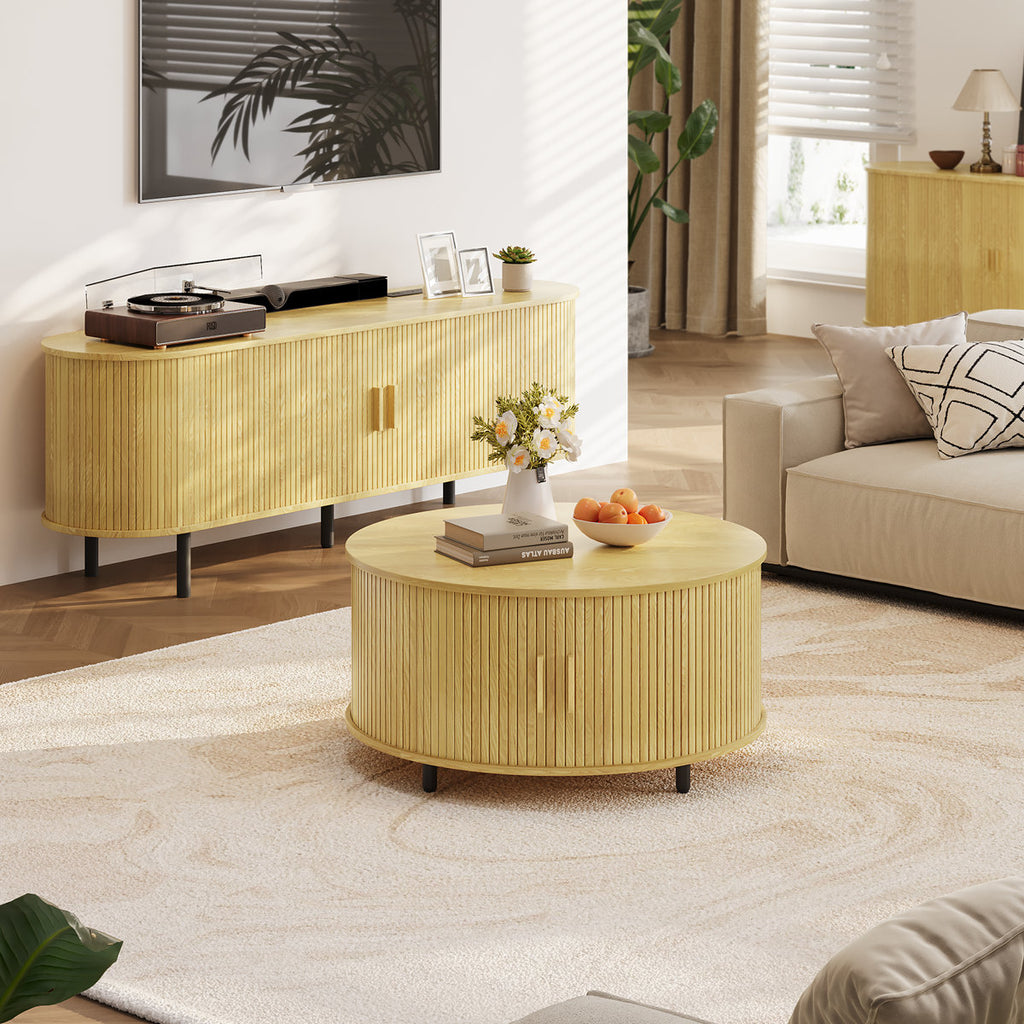 Modern Round Coffee Table With 360° Curved Sliding Door.