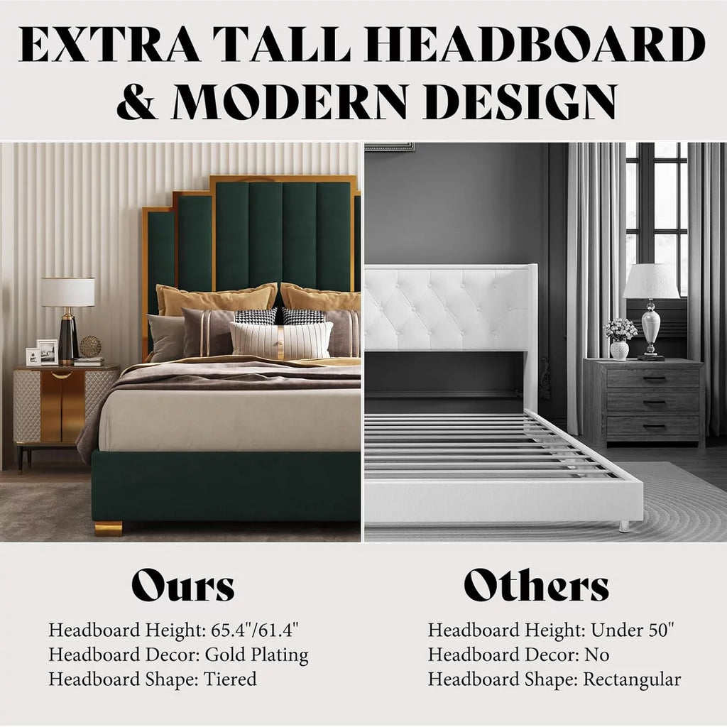 ARTYFER Upholstered Bed, Modern Velvet Bed Frame with 61.4" Tall Gold Trim Headboard