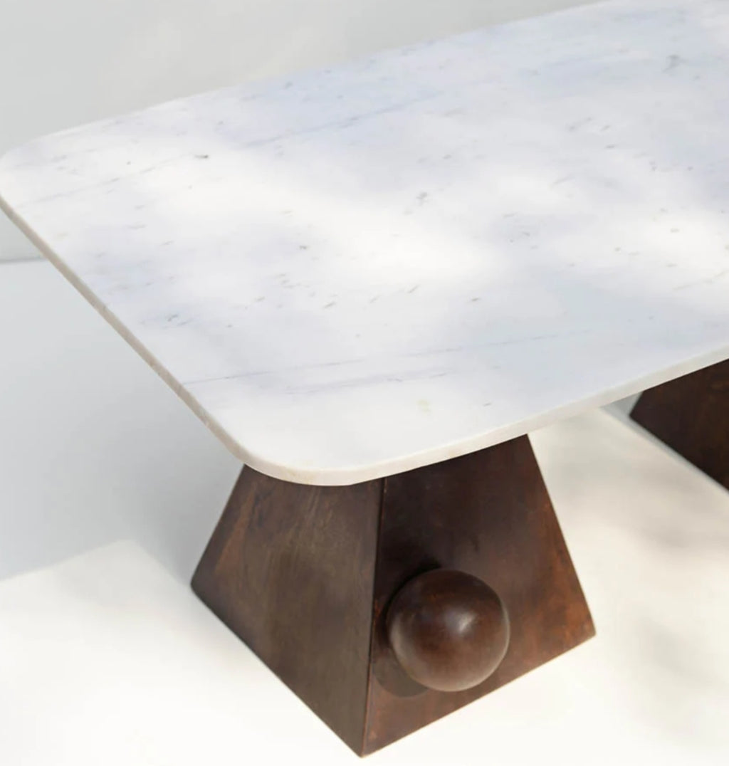 Handcrafted Marble Coffee Table With Sculpted Pyramid Wood Legs
