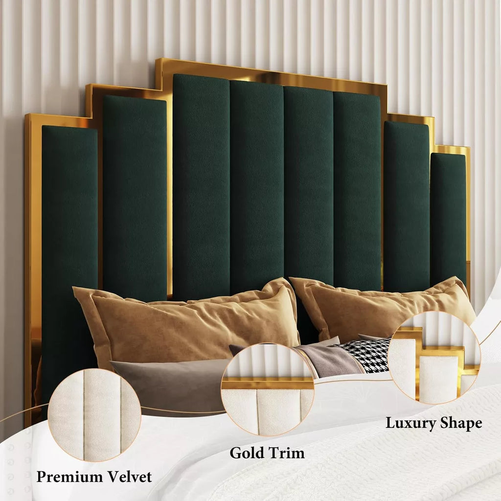 ARTYFER Upholstered Bed, Modern Velvet Bed Frame with 61.4" Tall Gold Trim Headboard