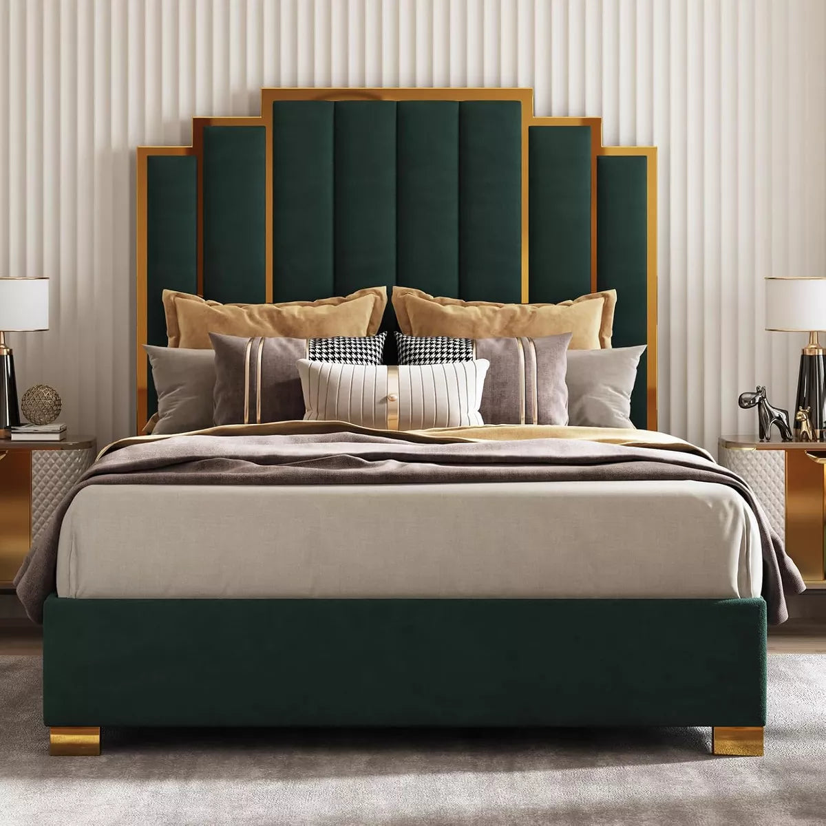 ARTYFER Upholstered Bed, Modern Velvet Bed Frame with 61.4" Tall Gold Trim Headboard