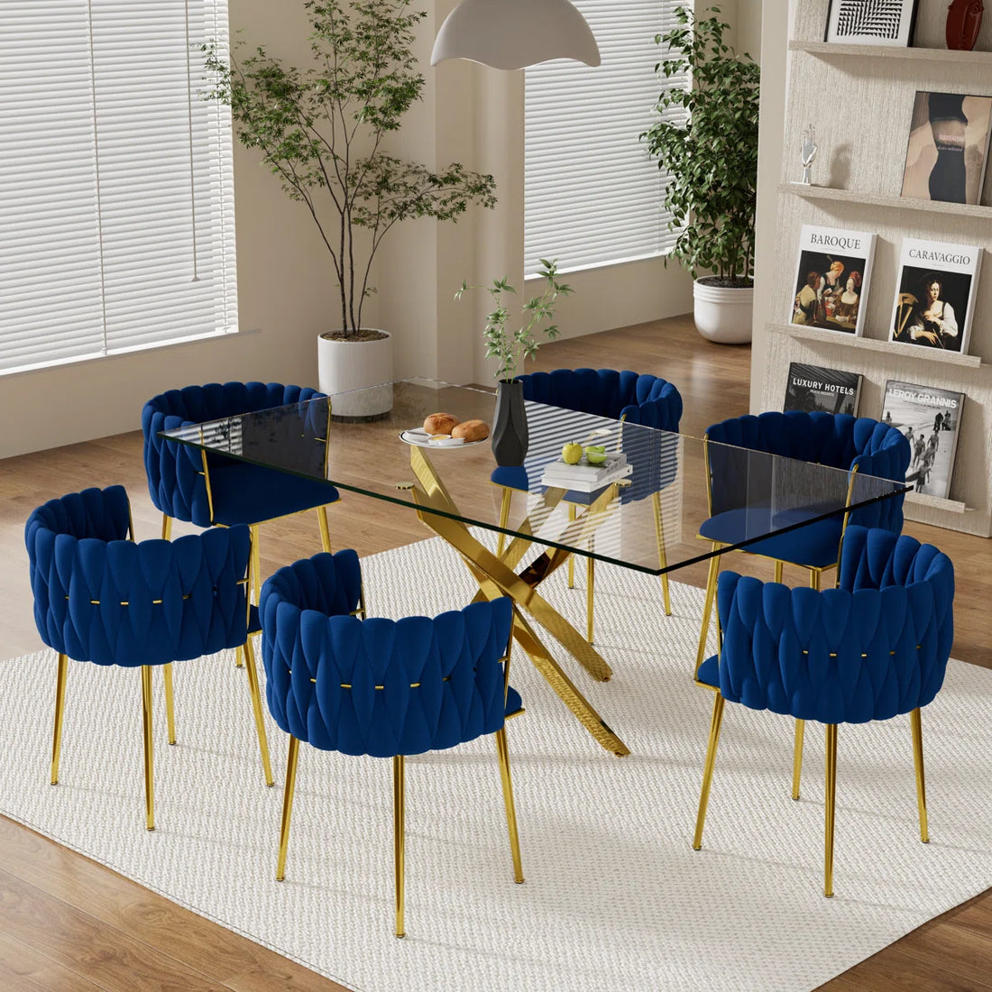 Artyfer Dining Set with Oval Table & Rattan Back Velvet Chairs