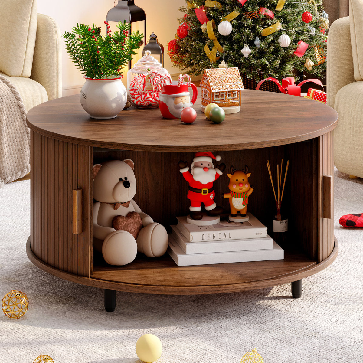 Modern Round Coffee Table With 360° Curved Sliding Door.