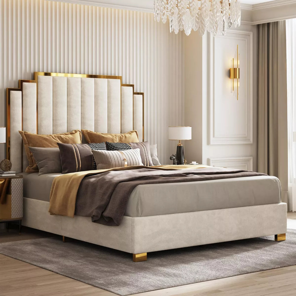 ARTYFER Upholstered Bed, Modern Velvet Bed Frame with 61.4" Tall Gold Trim Headboard