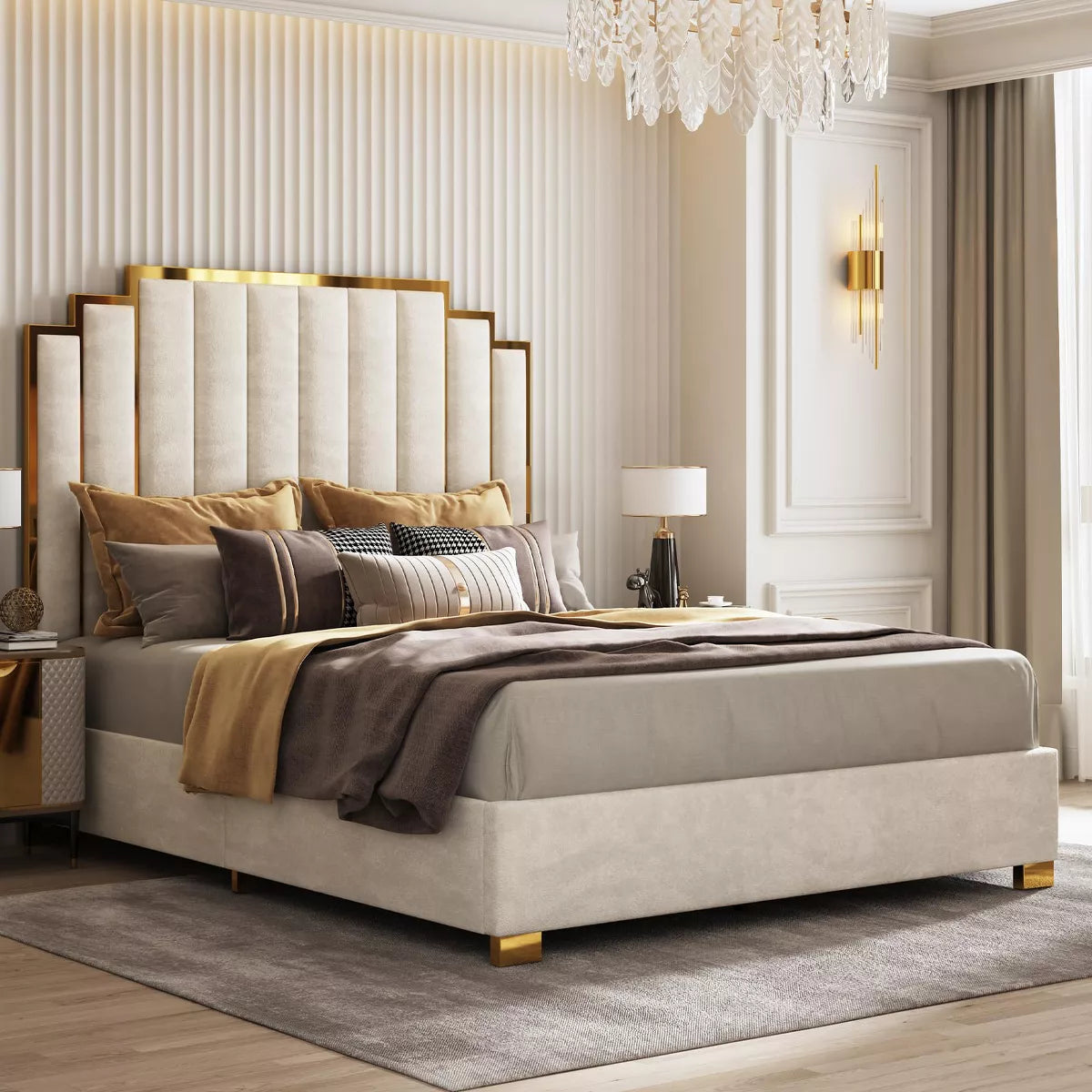 ARTYFER Upholstered Bed, Modern Velvet Bed Frame with 61.4" Tall Gold Trim Headboard