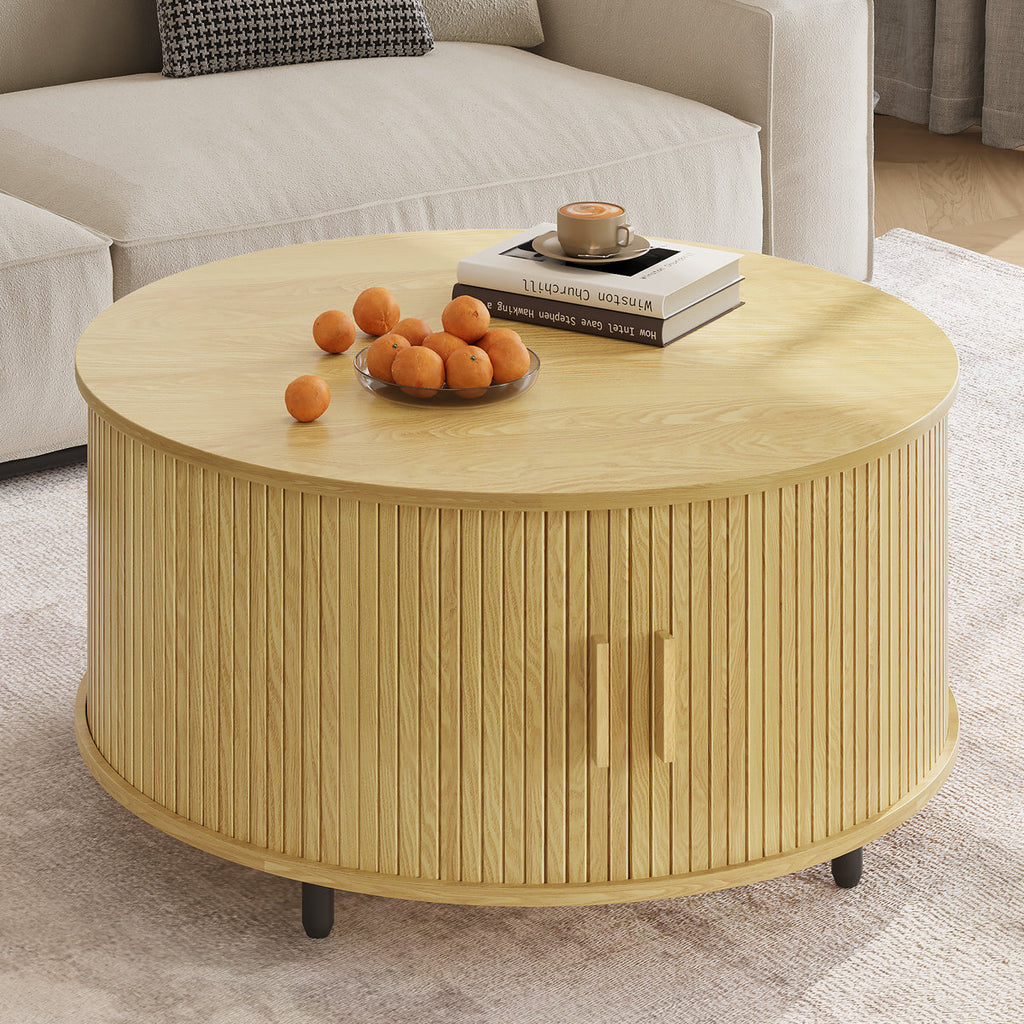 Modern Round Coffee Table With 360° Curved Sliding Door.