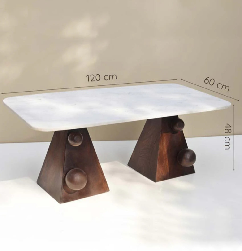 Handcrafted Marble Coffee Table With Sculpted Pyramid Wood Legs