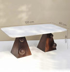 Handcrafted Marble Coffee Table With Sculpted Pyramid Wood Legs