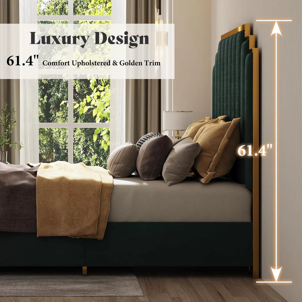 ARTYFER Upholstered Bed, Modern Velvet Bed Frame with 61.4" Tall Gold Trim Headboard