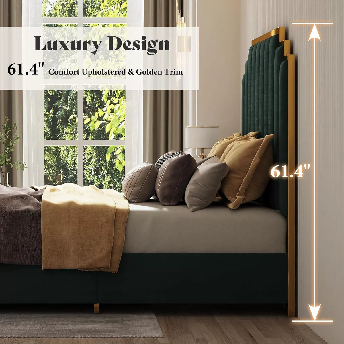 ARTYFER Upholstered Bed, Modern Velvet Bed Frame with 61.4" Tall Gold Trim Headboard