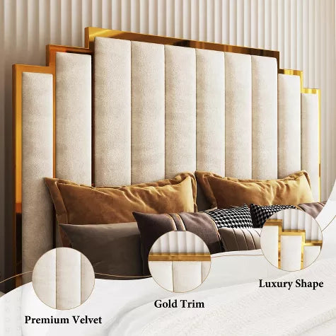 ARTYFER Upholstered Bed, Modern Velvet Bed Frame with 61.4" Tall Gold Trim Headboard
