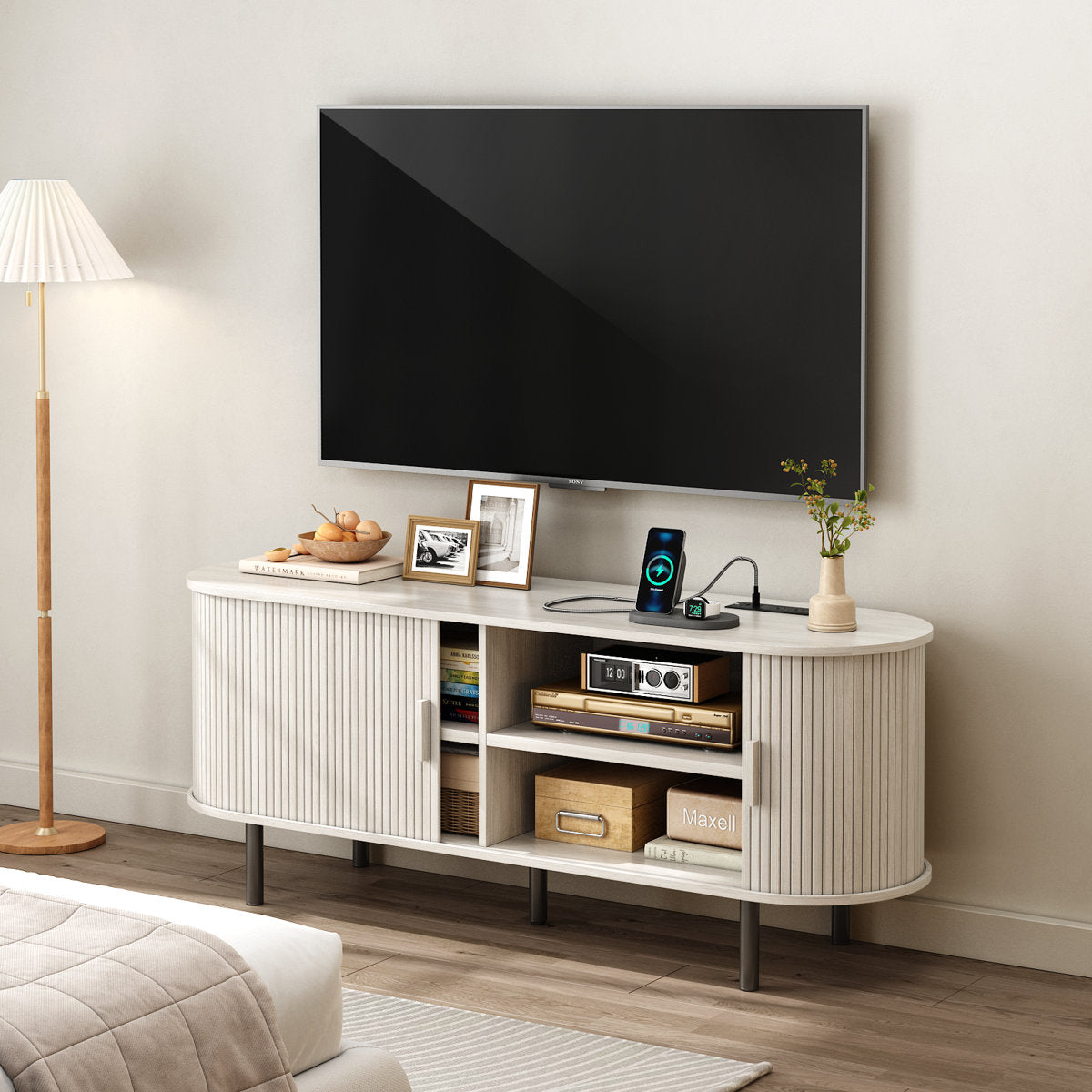Jalonda Modern Wood TV Stand with Storage and Shelves to Fit up to 80" TVs