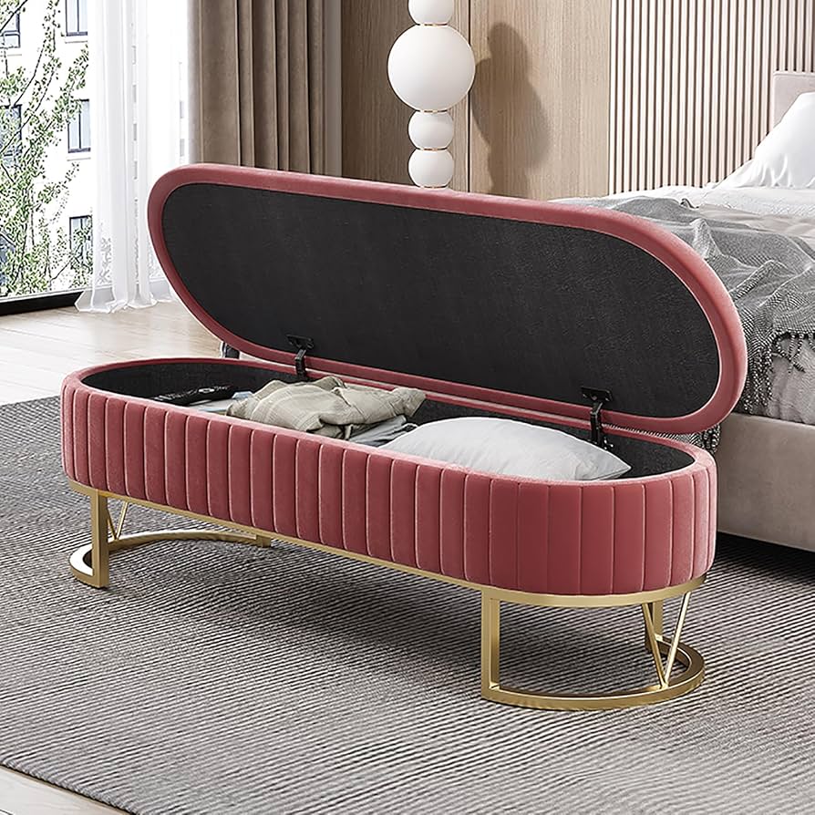 Velvet Storage Bench With Gold Base