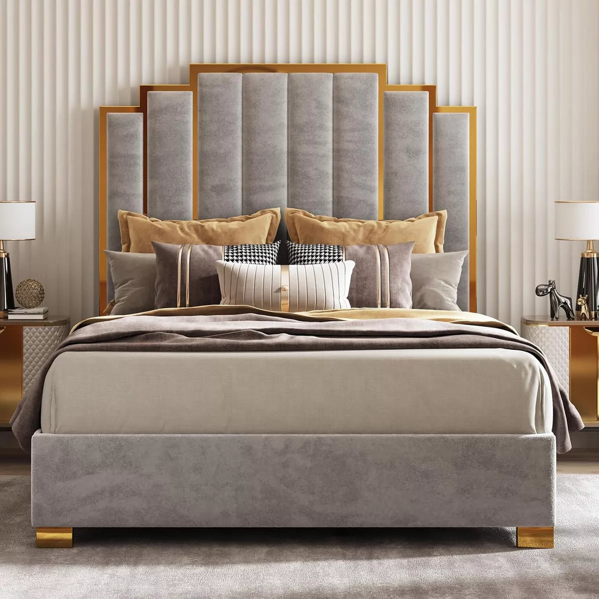 ARTYFER Upholstered Bed, Modern Velvet Bed Frame with 61.4" Tall Gold Trim Headboard