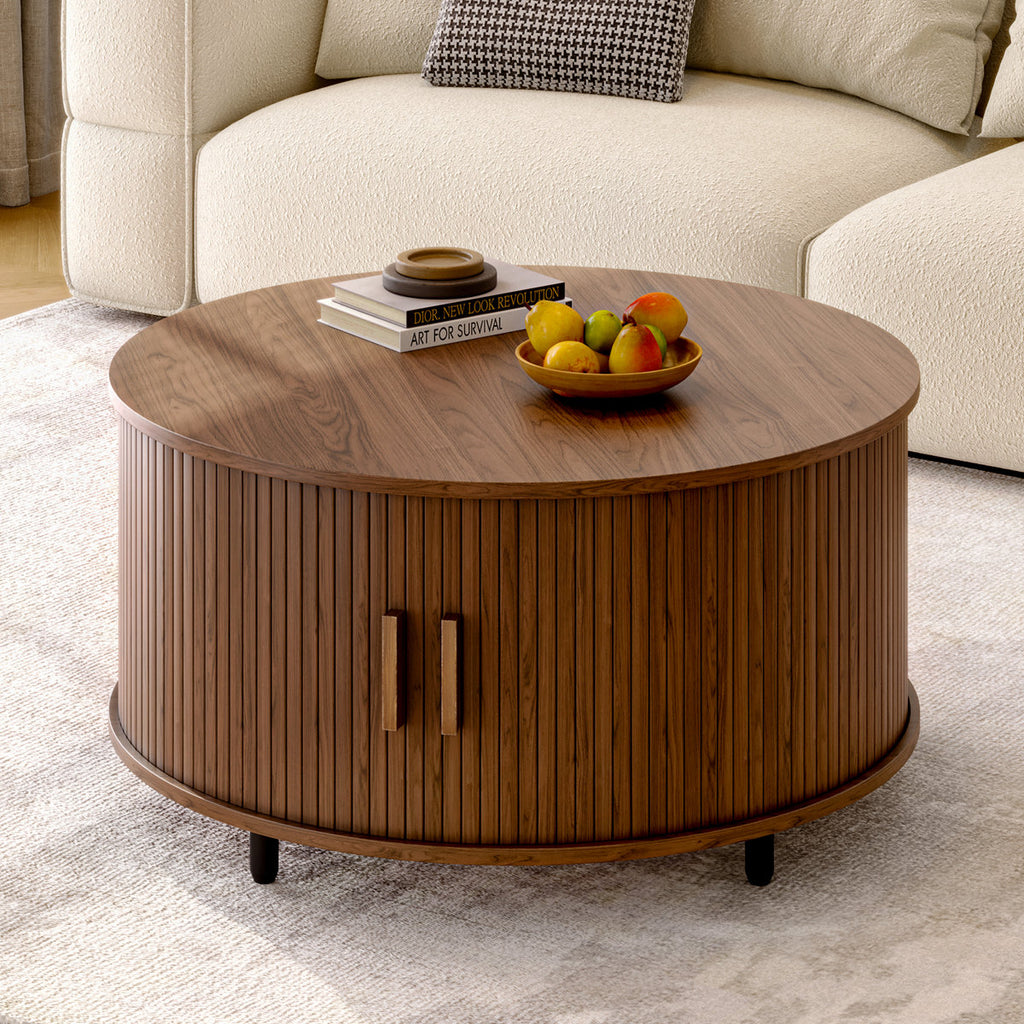 Modern Round Coffee Table With 360° Curved Sliding Door.