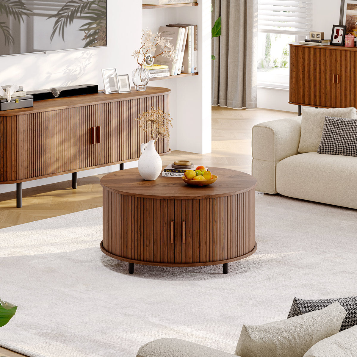 Modern Round Coffee Table With 360° Curved Sliding Door.