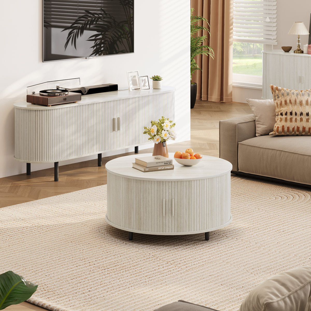Modern Round Coffee Table With 360° Curved Sliding Door.