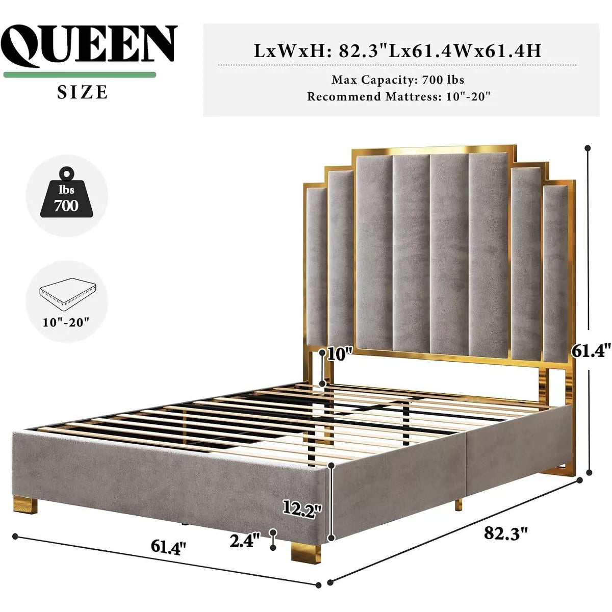 ARTYFER Upholstered Bed, Modern Velvet Bed Frame with 61.4" Tall Gold Trim Headboard