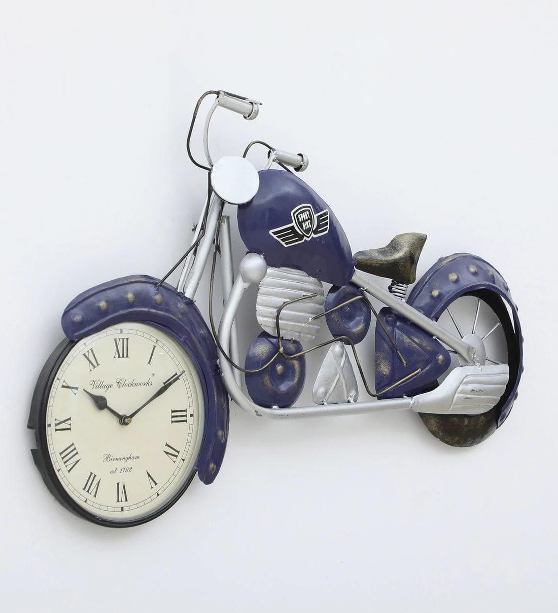 Handmade Blue Metal Bullet Bilke Wall Hanging Clock